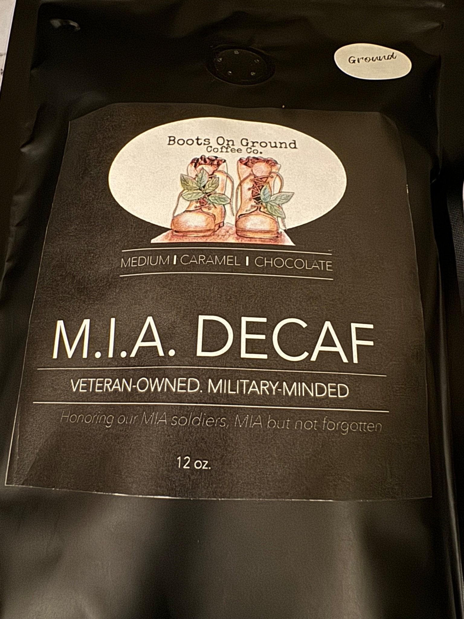 M.I.A. Decaf Fresh Roasted 12 oz Bag of Gourmet Coffee - Boots on ground coffee coCoffee Grounds